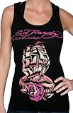 ED HARDY by Christian Audigier Womens Tattoo Pirate Ship Rose Tank Top T-Shirt Tee Black
