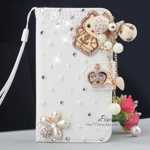 LA GO GO(TM) 3D White Luxury Fashion Handmade Bling Diamond PU Flip Leather Wallet Case Cover for Samsung Galaxy Note 4 (Cartoon Bear)