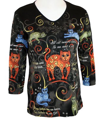 Cactus Bay Apparel Rhinestone Highlighted, Artistically Printed, 3/4 Sleeve, V-Neck, Black Colored, Cotton Woman's Fashion Top - Cats