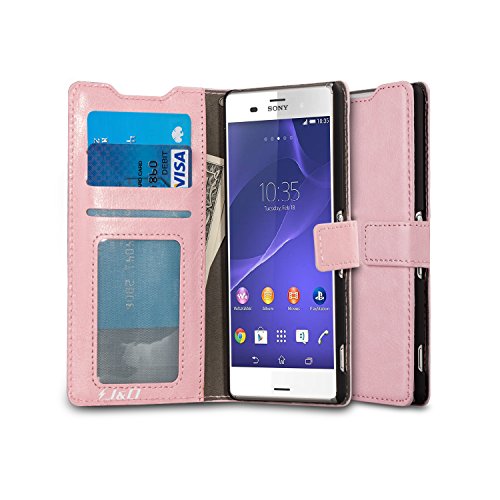 Sony Xperia Z3 Case, J&D [Stand View] Sony Xperia Z3 Wallet Case [Slim Fit] [Stand Feature] Premium Protective Case Wallet Leather Case for Sony Xperia Z3 (Not Compatible with Verizon Sony Xperia Z3v) (Wallet Pink)
