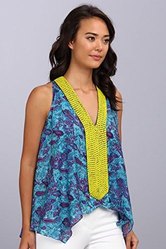 Tbags Los Angeles Women's V-Neck Sleeveless Tunic w/ Citron Seed Bead EMB Turquoise Blouse XS