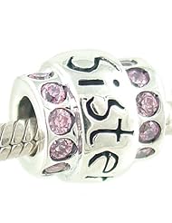 Authentic Biagi Sterling Silver Engraved Sister Charm with Pink Cubic Zirconia fits European Charm Bracelet