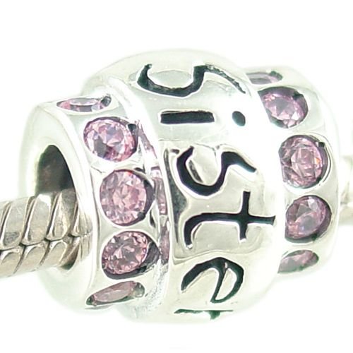 Authentic Biagi Sterling Silver Engraved Sister Charm with Pink Cubic Zirconia fits European Charm Bracelet