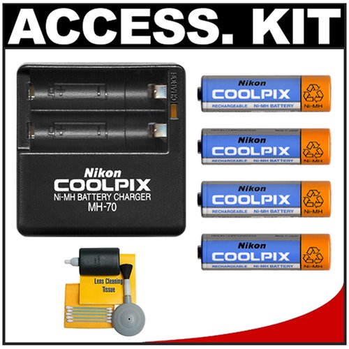 Nikon MH-70 Battery Charger with 4 Rechargeable Ni-MH AA Batteries with Cleaning Kit for Coolpix P50, P60, L1, L2, L3, L4, L5, L6, L10, L11, L12, L14, L15, L18 Digital Cameras