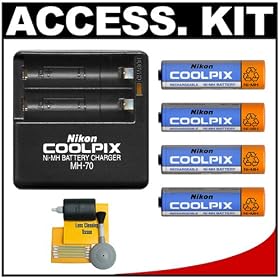 Nikon MH-70 Battery Charger with 4 Rechargeable Ni-MH AA Batteries with Cleaning Kit for Coolpix P50, P60, L1, L2, L3, L4, L5, L6, L10, L11, L12, L14, L15, L18 Digital Cameras
