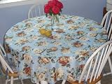 Tablecloth 60x118 Inches Rectangular, Cream Rose Printed Floral, 100% Polyester, Sky Blue