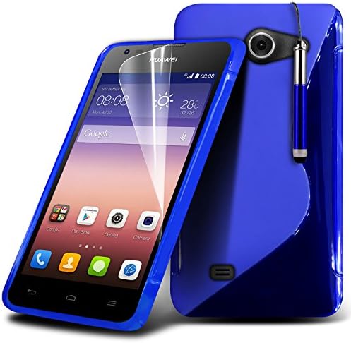 ( Blue ) Huawei Ascend Y550 Case Stylish Designed S Line Wave Gel Skin Cover With LCD Screen Protector Guard, Polishing Cloth & Mini Retractable Stylus Pen by Fone-Case