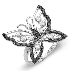 CERTIFIED 10K White Gold Round Black White Diamond Butterfly Cocktail Ring 0.85 CT ( G-H Color, SI-I Clarity)