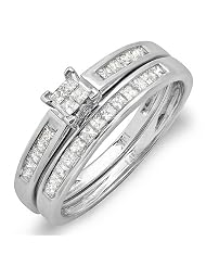 Certified 14k White Gold Princess Invisible Diamond Ladies Bridal Ring Set... by 
