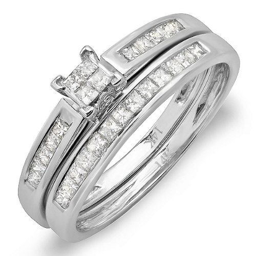 14K White Gold Princess Invisible Diamond Ladies Bridal Ring Set Engagement Set 1/2 CT (0.75 cttw, F-G-H Color, SI-I Clarity) Cheap
