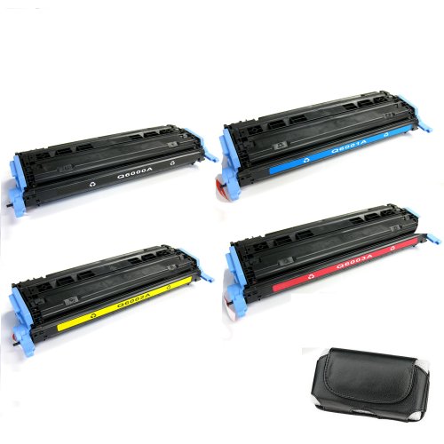 GTS Value Combo: 4 Pack Replacement Toner Cartridges for HP Q6000A Q6001A Q6002A Q6003A, plus a Universal Compatible Cell Phone Leather Case