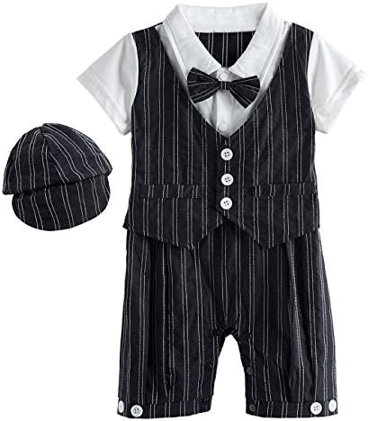 Yobe Baby Boys' Gentleman Romper Suit Set with Bow Tie and Hat (6-12 Months, Black)