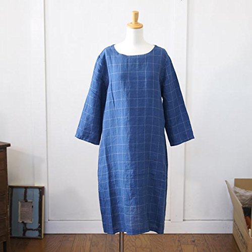 (ローラメーム) Loura meme 格子柄　ボートネック長袖ウインドペンワンピース M ブルー