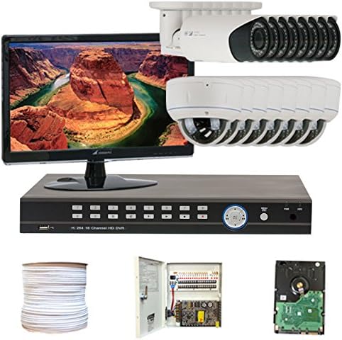 16 Channel H.264 960H & D1 Realtime DVR with 16 x 1/3" SONY CMOS Camera, 1000 TV lines, 2.8~12mm Manual Varifocal Lens. One is 42PCS Infrared LED, 114 feet IR Distance and one is 30PCS Infrared LED, 65 feet IR Distance. Free LED Monitor. HDMI & VGA. 960×480 & 30FPS recording. iPhone, Android Viewing