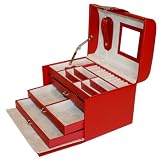Jewelry Case Red Leather Croco Trim Rhinestone Studs Buckle Lock Key with Travel Case by Tech Swiss