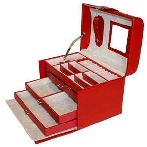 Jewelry Case Red Leather Croco Trim Rhinestone Studs Buckle Lock Key with Travel Case by Tech Swiss