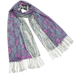 100% Pashmina/Cashmere Pink Flower Flowing River Tassel Ends Long Scarf Shawl