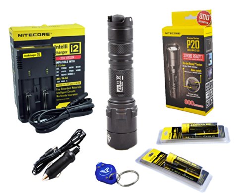 Nitecore Precise P20 "Strobe Ready" Tactical LED Light Ultimate Rechargeable Kit /w Nitecore 2014 Edition i2 Universal Charger, 2x 2300mAh 18650 Batteries, Car Adapter and 25 Lumens Blue LumenTac Keychain Light