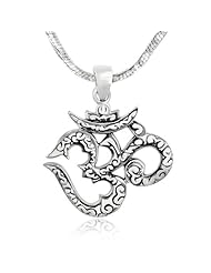 925 Sterling Silver Om Ohm Hindu Yoga Symbol Antique Pendant with Rhodium Plated Chain Necklace w/ Lobster clasp 18"