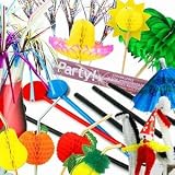 Cocktail Accessories Set with 24x Cocktail Umbrellas, 10x Glitter Sticks, 10x Fuzzy Animals, 25x Disc Stirrers, 10x Indoor Sparklers, 10x Paper Fruit Straws, 250x Frappe Cocktail Straws, 12x Palm Tree Picks, 12x Del Sol Picks & 10x Palm Tree Straws