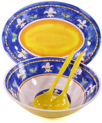 Fleur de Lis ~ 4 Piece Heavy duty melamine serving set 16 oval platter 12 salad bowl +utensils set Fleur de Lis pattern