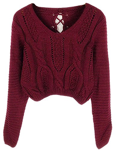 PrettyGuide Women Eyelet Cable Knit Lace Up Crop Long Sleeve Sweater Crop Tops Burgundy