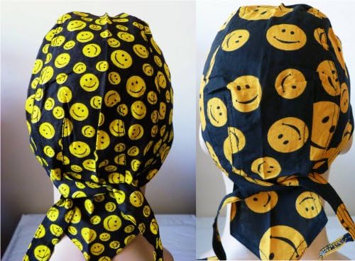 SET of 2 Two Smiley Face Bandana Wraps Fun Happy Bikers Cap Yellow Black Cotton