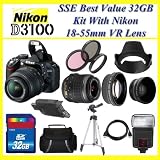 Nikon D3100 SLR Digital Camera with Nikon 18-55m F3.5-5.6g Vr Lens + Huge 32GB, Flash, Deluxe Carrying Case, Lens & Tripod Complete Accessories Package