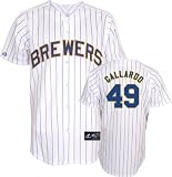 MLB Men's Milwaukee Brewers Yovani Gallardo White/Ryl Pinstrp Short Sleeve 6 Button Synthetic Replica Baseball Jersey Spring 2011  (White/Ryl Pinstrp, Small)