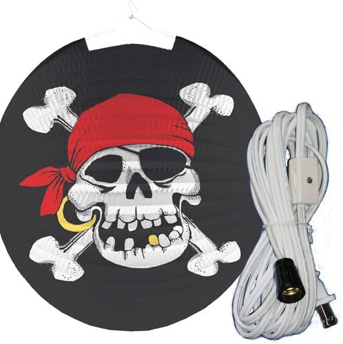 Pirate Jolly Roger Skulls and Crossbones Paper Lantern with 12' Lamp Cord Kid's Room Accent Lamp or Unique Night Light