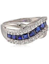Sterling Silver Square Created Blue Ceylon Sapphire with Created White Sapphire Ring, Size 7