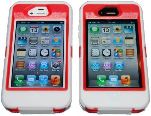 Iphone 4 4S Body Armor Defender White & Red - Comparable to Otterbox Defender + 1 Cool Colors USB charger cord for iphone & Silicon Braclet