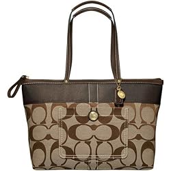 Coach Signature Stripe Zip Top Bag Tote 11691 Mahogany