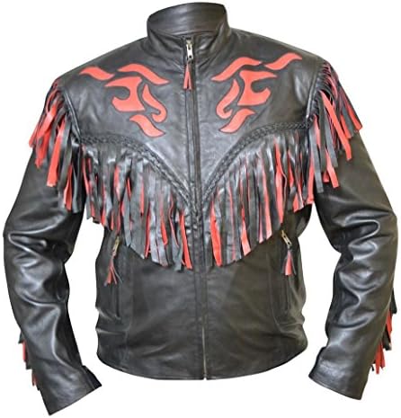 Celebrita X Western Cowboy Black and Red Fringes Leather Jacket CI07 Sheep Black/Red L - For Chest 42"-44"