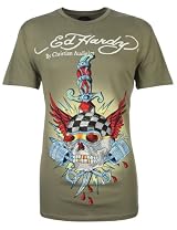 Ed Hardy Mens Rhinestone T-Shirt Racing Skull Olive