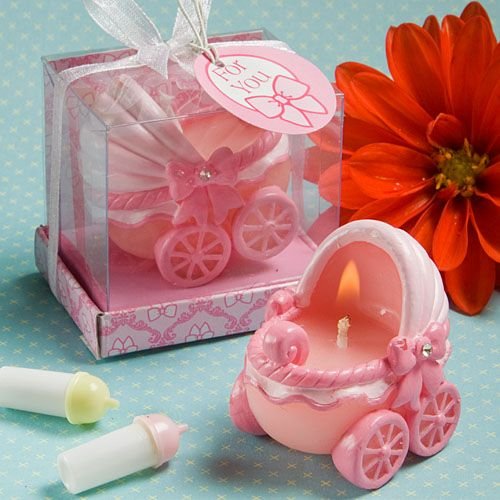 Adorable Baby Pink Carriage Candles in Clear Box with Pink Bow On Sale