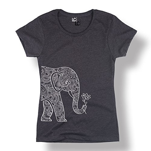 Left Side Elephant Holding Lotus Boho Trendy Hip Style Fashion - Ladies T-Shirt, Heather Charcoal, Medium