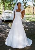 David's Bridal Wedding Dress: Satin A-line with Chiffon Split Front Overlay Style V9010
