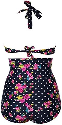 LATUD Women's Polka Dots Floral Bralette High Waist Halter Bikini Swimsuit Black