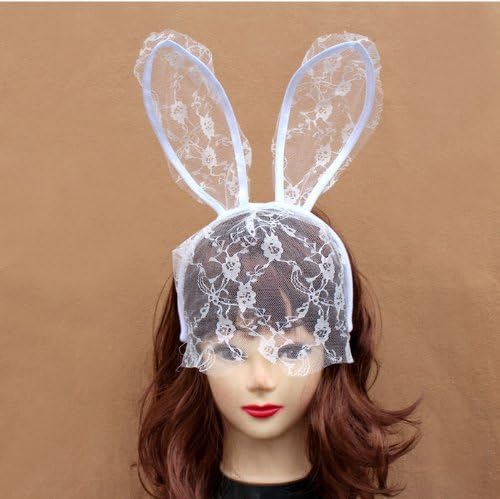 MKPLY Sexy White Rabbit Ears Veil Mask Fashion Masked Ball Dress up Venetian Metal Filigree Lace Eye Masquerade for Child