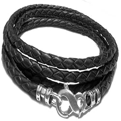 Designer Ellis "Infnity Bold" 925 Sterling Silver Black Wrap Around Braided Leather Bracelet