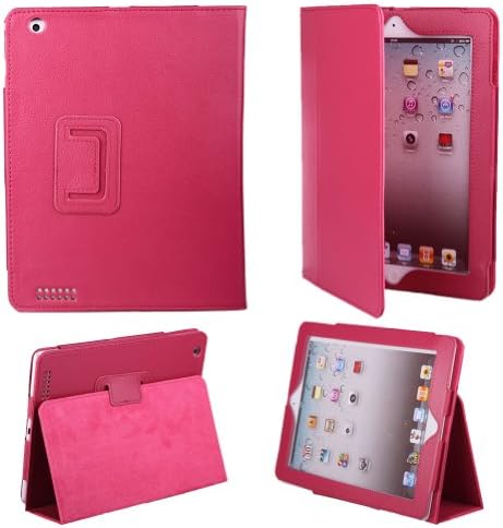 Askformore PU Folio Leather Case Cover with Built-in Stand for Apple iPad 2/3/4 Generation Hot Pink