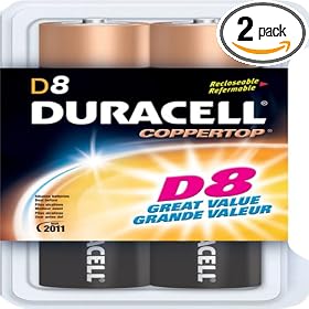 Click here to buy Duracell Batteries, D Size, 8-Count Packages (Pack of 2).