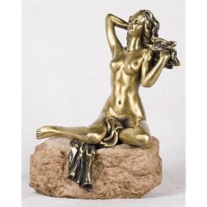 decorative items, brass statue, brass women statue, nude women, women pulling cart statue, attractive woman statue, decorative brass statue, medium size brass statue