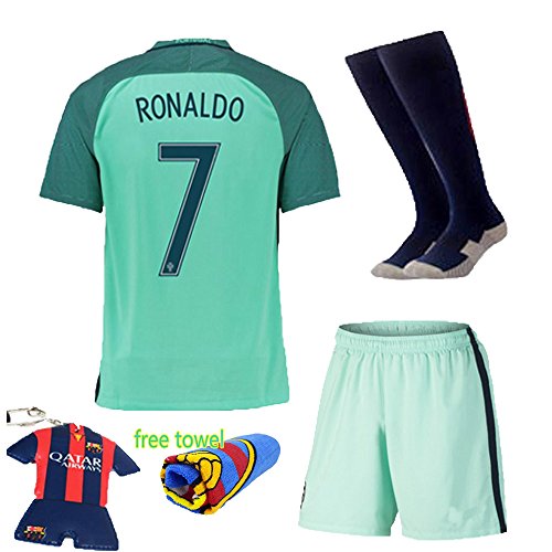 Soccer Kids 2016-2017 Portugal Away Football Soccer Kits Jersey Short Sleeve & Shorts & Socks & Key Chain 3-14 Years (RONALDO 7, 7-8 years )