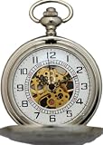 Technik pur!(232) Mechanische Taschenuhr in schwerer Edelstahlausführung mit vergoldeten Einblicken in das Uhrwerk. Inklusive Gürtelkette