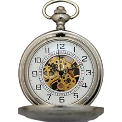Technik pur!(232) Mechanische Taschenuhr in schwerer Edelstahlausf�hrung mit vergoldeten Einblicken in das Uhrwerk. Inklusive G�rtelkette