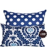 Marco Polo Collection - Outdoor Designer 12x20 Lumbar Decorative Toss Pillow Cover - Floral, Flowers and Polka Dots -Cream / Off White and Blue Hues - 1 Cover, 2 Looks
