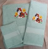 Embroidered Calico Kitten on Ocean Blue Bath Towels Set