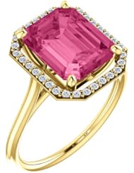 10K Yellow Gold 10.00x8.00mm Emerald Cut Pink Tourmaline and Diamond Halo-Style Ring -- LIFETIME WARRANTY